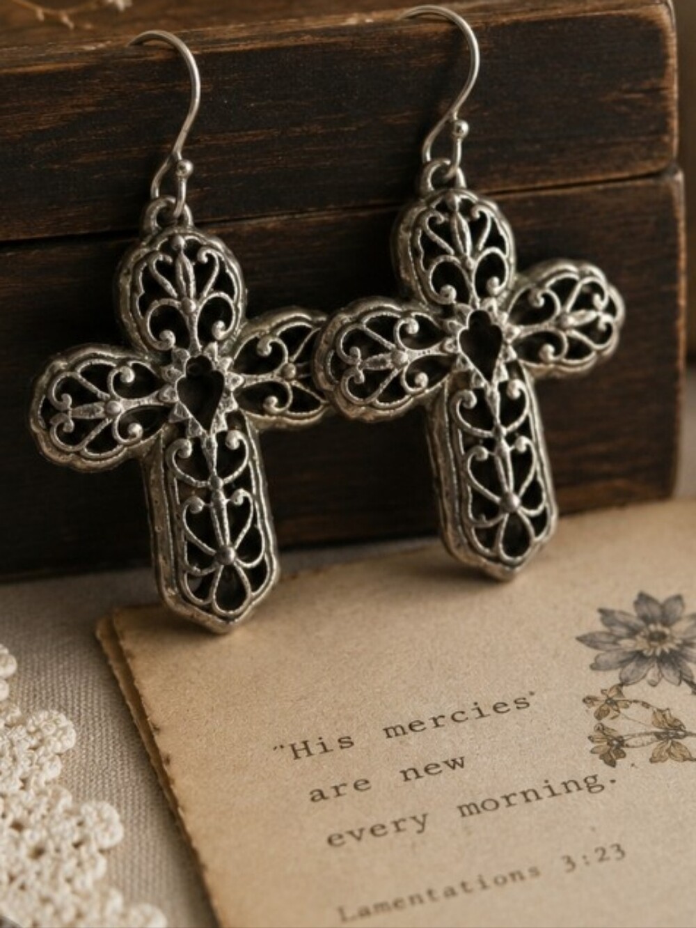 Vintage Filigree Cross Earrings Silver Tone Boho Western Gothic Dangle Earrings